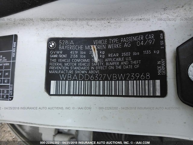 WBADD6327VBW23968 - 1997 BMW 528 WHITE photo 9