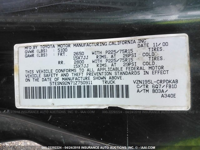 5TESN92N71Z750911 - 2001 TOYOTA TACOMA XTRACAB PRERUNNER მწვანე ფოტო 9