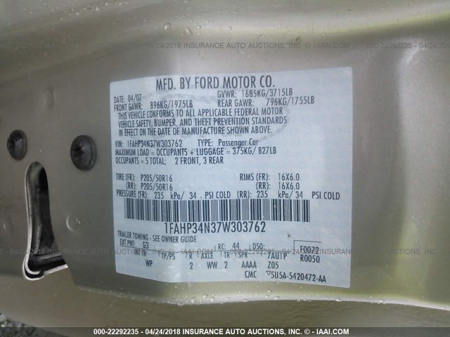 1FAHP34N37W303762 - 2007 FORD FOCUS ZX4/S/SE/SES GOLD photo 9