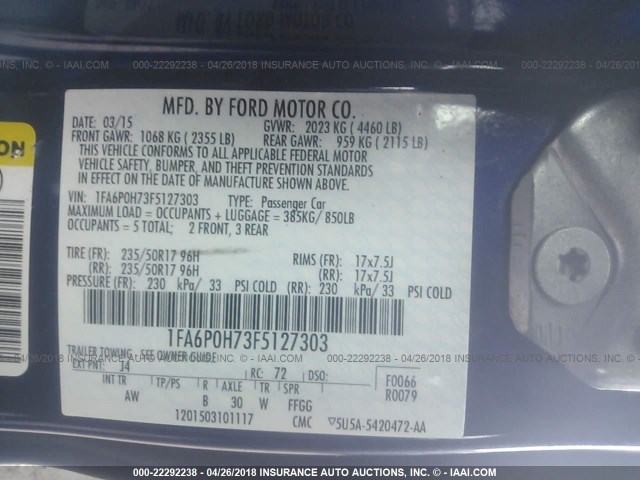 1FA6P0H73F5127303 - 2015 FORD FUSION SE BLUE photo 9