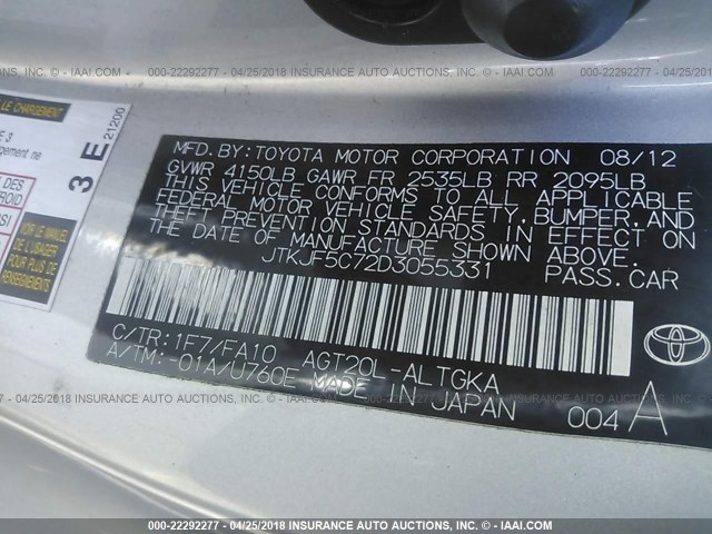 JTKJF5C72D3055331 - 2013 TOYOTA SCION TC 银色 照片 9