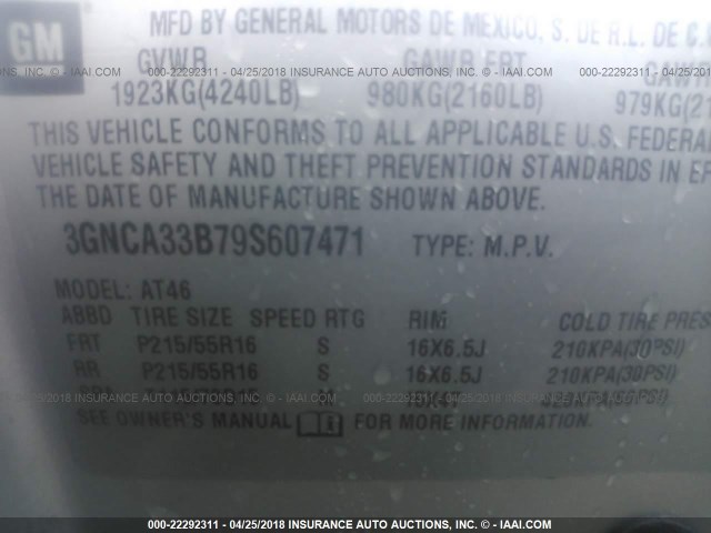 3GNCA33B79S607471 - 2009 CHEVROLET HHR LS SILVER photo 9