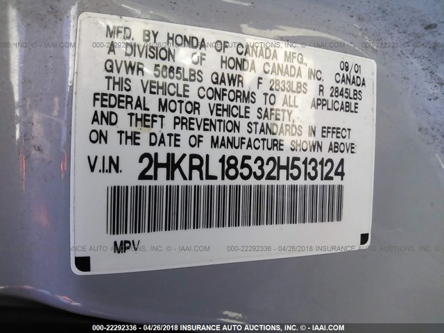 2HKRL18532H513124 - 2002 HONDA ODYSSEY LX SILVER photo 9