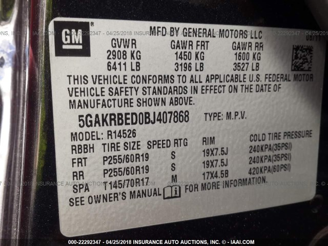 5GAKRBED0BJ407868 - 2011 BUICK ENCLAVE CXL BLACK photo 9