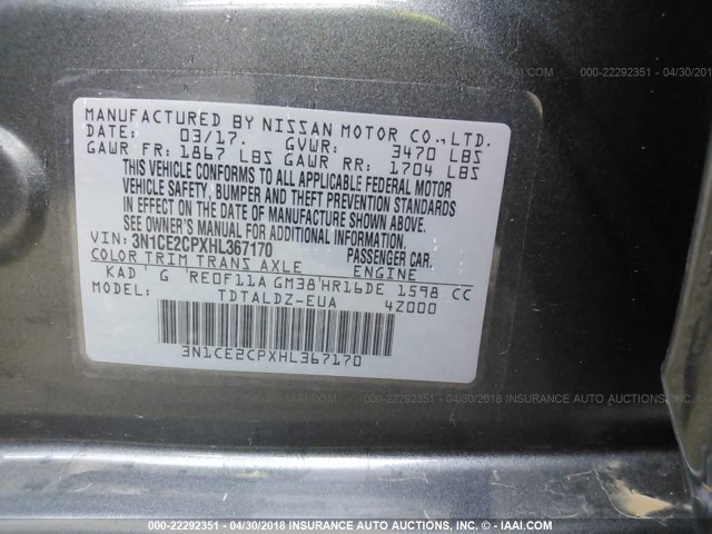3N1CE2CPXHL367170 - 2017 NISSAN VERSA NOTE S/S PLUS/SV/SL/SR GRAY photo 9
