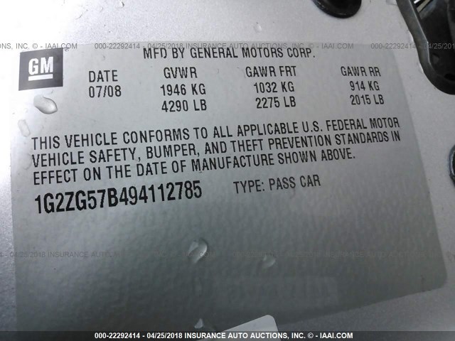 1G2ZG57B494112785 - 2009 PONTIAC G6 SILVER photo 9