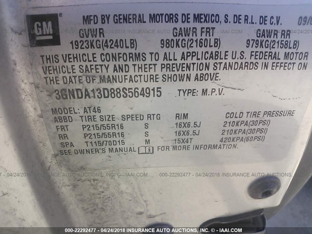 3GNDA13D88S564915 - 2008 CHEVROLET HHR LS GRAY photo 9