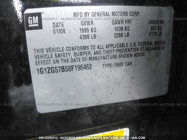 1G1ZG57B58F196462 - 2008 CHEVROLET MALIBU LS შავი ფოტო 9