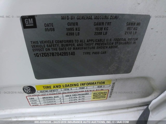 1G1ZG57B784285140 - 2008 CHEVROLET MALIBU LS 白色 照片 9