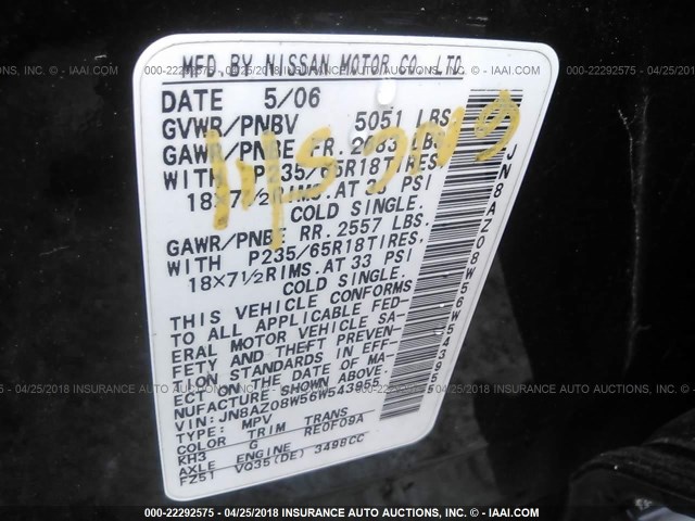 JN8AZ08W56W543955 - 2006 NISSAN MURANO SL/SE/S BLACK photo 9