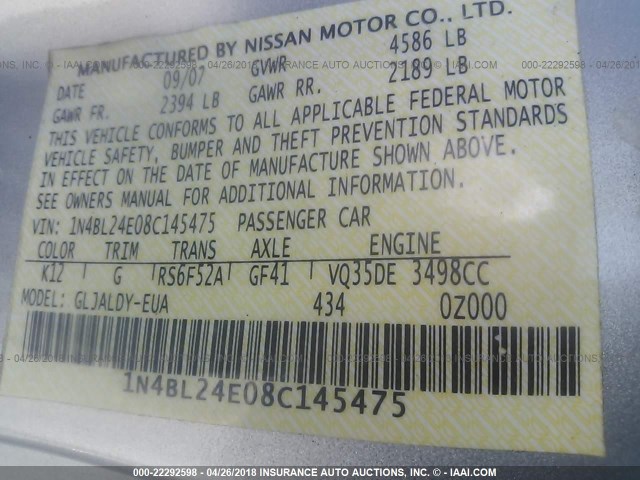 1N4BL24E08C145475 - 2008 NISSAN ALTIMA 3.5SE SILVER photo 9