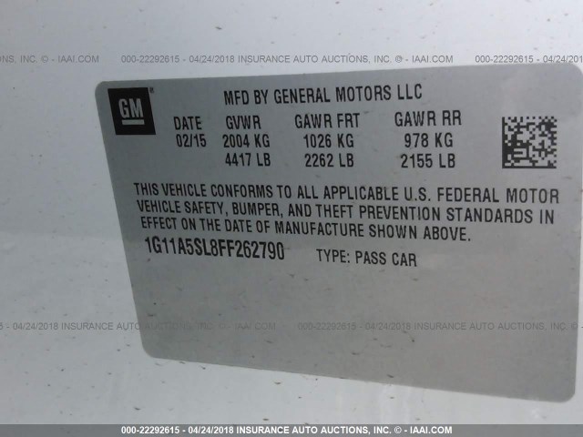 1G11A5SL8FF262790 - 2015 CHEVROLET MALIBU LS 白色 照片 9