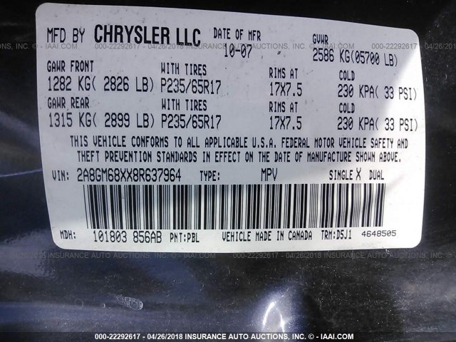 2A8GM68XX8R637964 - 2008 CHRYSLER PACIFICA TOURING Dark Blue photo 9