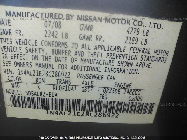 1N4AL21E28C286922 - 2008 NISSAN ALTIMA 2.5/2.5S GRAY photo 9