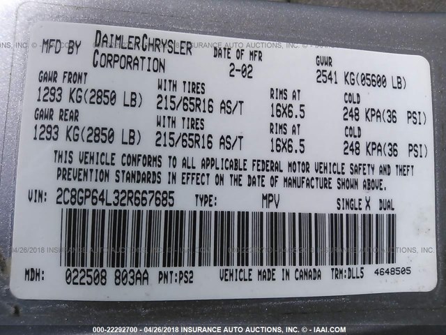 2C8GP64L32R667685 - 2002 CHRYSLER TOWN & COUNTRY LIMITED SILVER photo 9