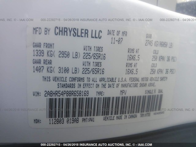 2A8HR54P88R658169 - 2008 CHRYSLER TOWN & COUNTRY TOURING WHITE photo 9