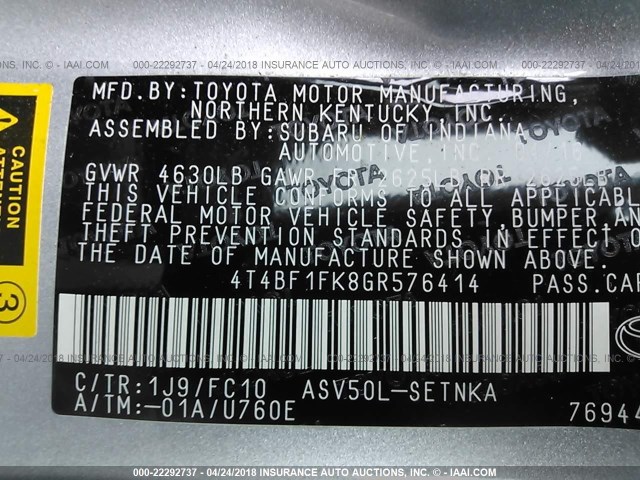 4T4BF1FK8GR576414 - 2016 TOYOTA CAMRY LE/XLE/SE/XSE SILVER photo 9