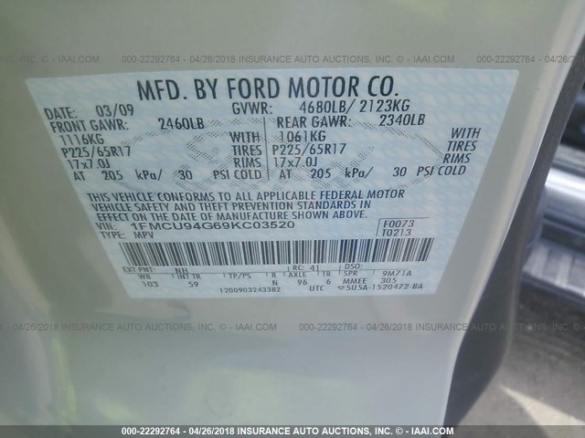 1FMCU94G69KC03520 - 2009 FORD ESCAPE LIMITED WHITE photo 9