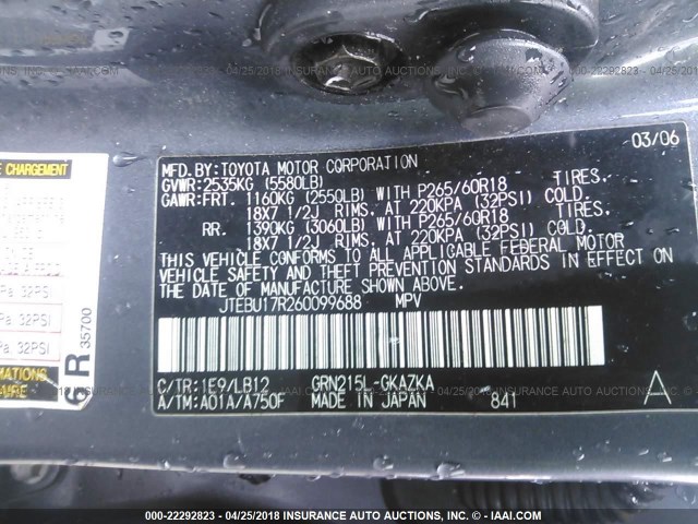 JTEBU17R260099688 - 2006 TOYOTA 4RUNNER LIMITED GRAY photo 9