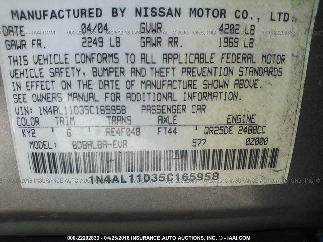 1N4AL11D35C165958 - 2005 NISSAN ALTIMA S/SL GRAY photo 9