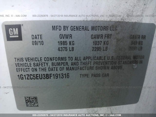 1G1ZC5EU3BF191316 - 2011 CHEVROLET MALIBU 1LT 白色 照片 9