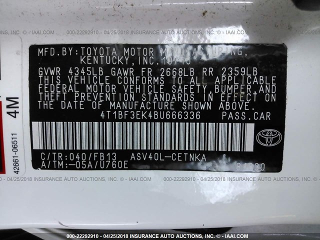 4T1BF3EK4BU666336 - 2011 TOYOTA CAMRY SE/LE/XLE თეთრი ფოტო 9