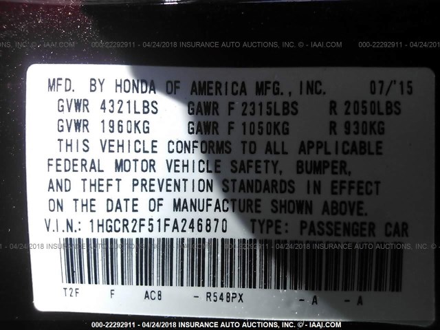 1HGCR2F51FA246870 - 2015 HONDA ACCORD SPORT 紫色 照片 9