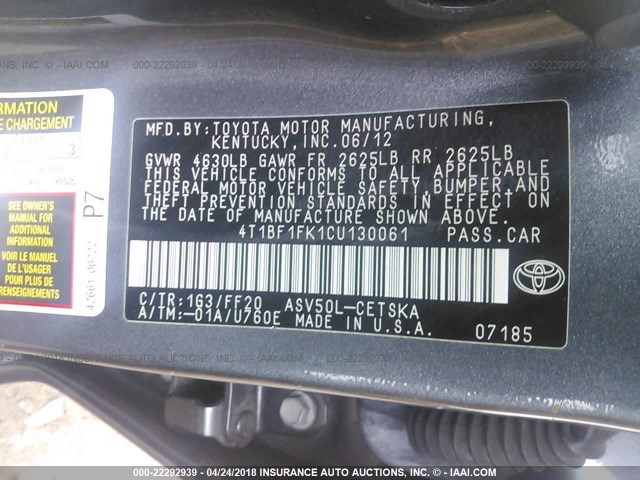 4T1BF1FK1CU130061 - 2012 TOYOTA CAMRY SE/LE/XLE GRAY photo 9