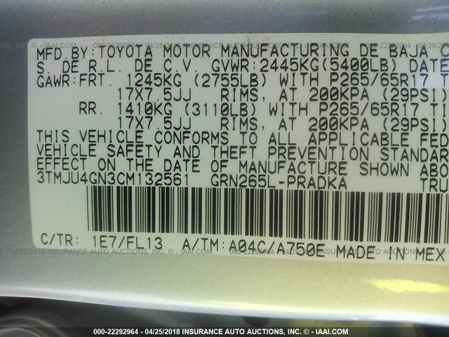 3TMJU4GN3CM132561 - 2012 TOYOTA TACOMA DOUBLE CAB PRERUNNER SILVER photo 9