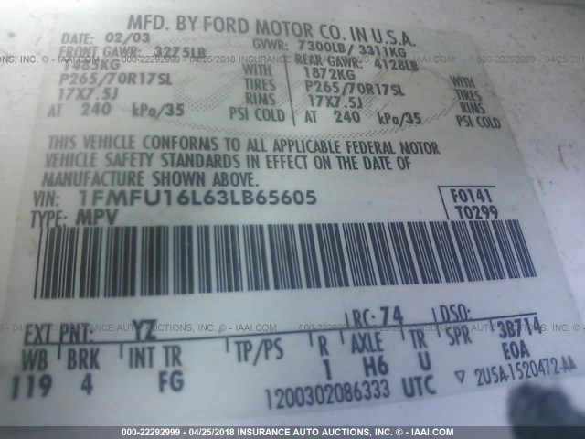 1FMFU16L63LB65605 - 2003 FORD EXPEDITION XLT WHITE photo 9