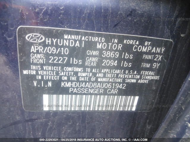 KMHDU4AD8AU061942 - 2010 HYUNDAI ELANTRA BLUE/GLS/SE BLUE photo 9