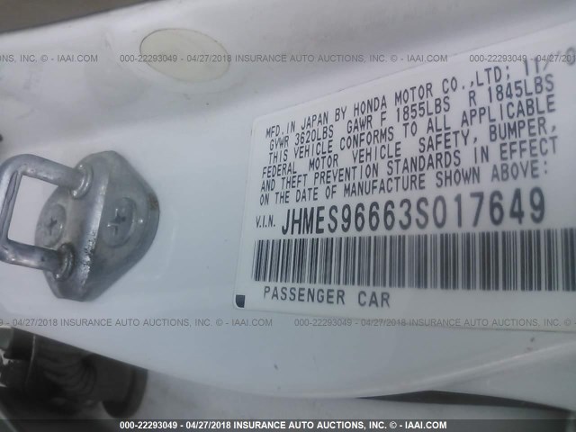 JHMES96663S017649 - 2003 HONDA CIVIC HYBRID WHITE photo 9