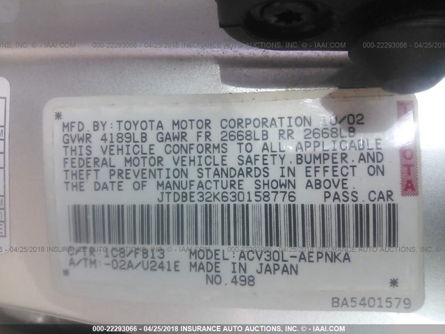 JTDBE32K630158776 - 2003 TOYOTA CAMRY LE/XLE Gümüş fotoğraf 9