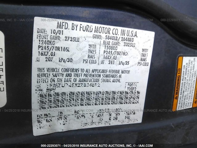 1FMZU74EX2ZB34812 - 2002 FORD EXPLORER EDDIE BAUER BLUE photo 9