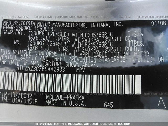 5TDZA23C76S442933 - 2006 TOYOTA SIENNA CE/LE SILVER photo 9