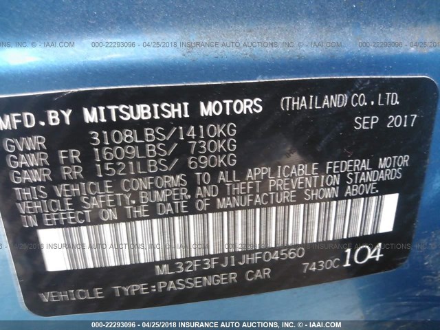ML32F3FJ1JHF04560 - 2018 MITSUBISHI MIRAGE G4 ES ლურჯი ფოტო 9