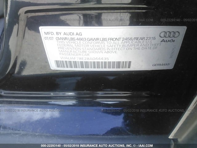 WAUAF78E28A044435 - 2008 AUDI A4 2.0T BLACK photo 9