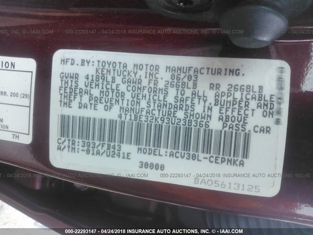 4T1BE32K93U238366 - 2003 TOYOTA CAMRY LE/XLE/SE MAROON photo 9