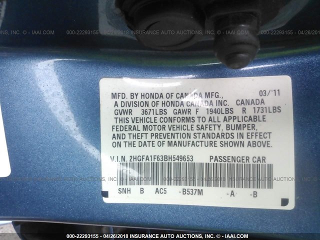 2HGFA1F63BH549653 - 2011 HONDA CIVIC LX-S ლურჯი ფოტო 9