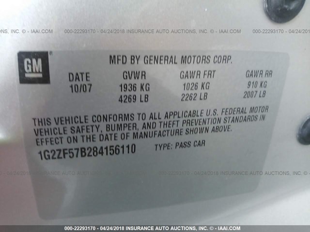 1G2ZF57B284156110 - 2008 PONTIAC G6 VALUE LEADER/BASE SILVER photo 9