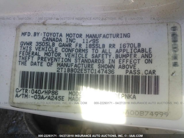 2T1BB02E5TC147436 - 1996 TOYOTA COROLLA DX WHITE photo 9