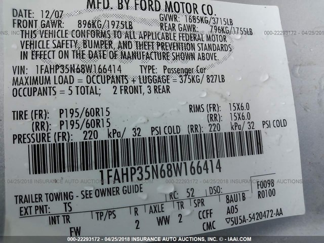 1FAHP35N68W166414 - 2008 FORD FOCUS SE/SEL/SES SILVER photo 9