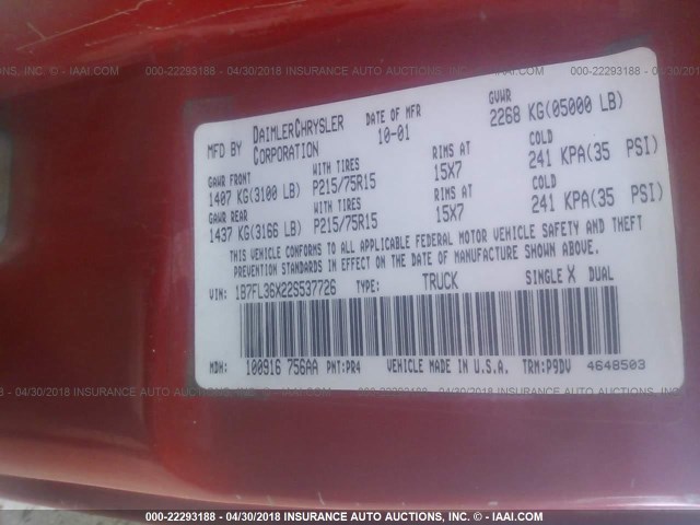 1B7FL36X22S537726 - 2002 DODGE DAKOTA SPORT/RT RED photo 9