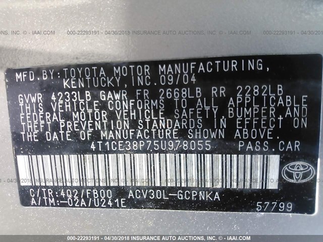 4T1CE38P75U978055 - 2005 TOYOTA CAMRY SOLARA SE/SLE შამპანური ფოტო 9