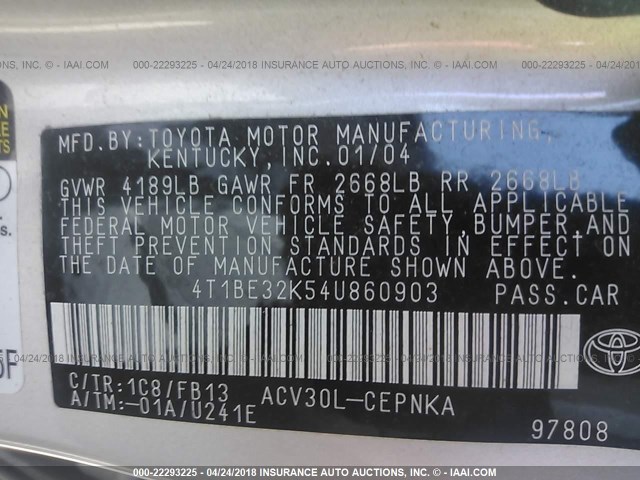 4T1BE32K54U860903 - 2004 TOYOTA CAMRY LE/XLE/SE ვერცხლისფერი ფოტო 9
