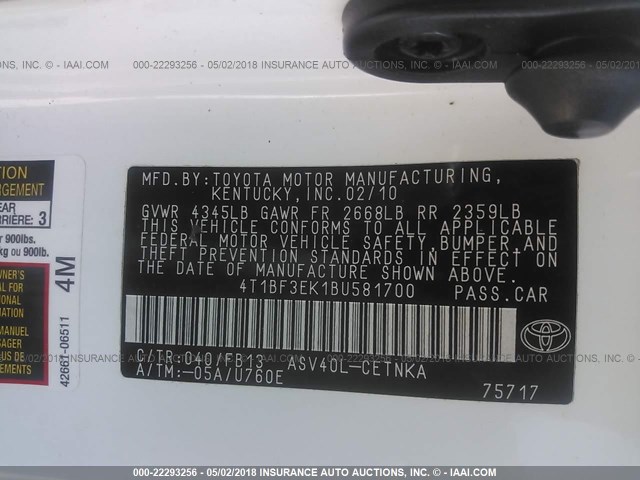 4T1BF3EK1BU581700 - 2011 TOYOTA CAMRY SE/LE/XLE 白色 照片 9