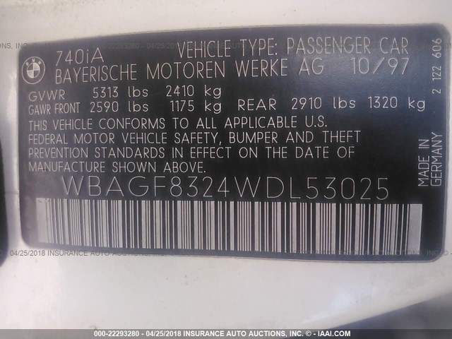 WBAGF8324WDL53025 - 1998 BMW 740 I AUTOMATIC WHITE photo 9