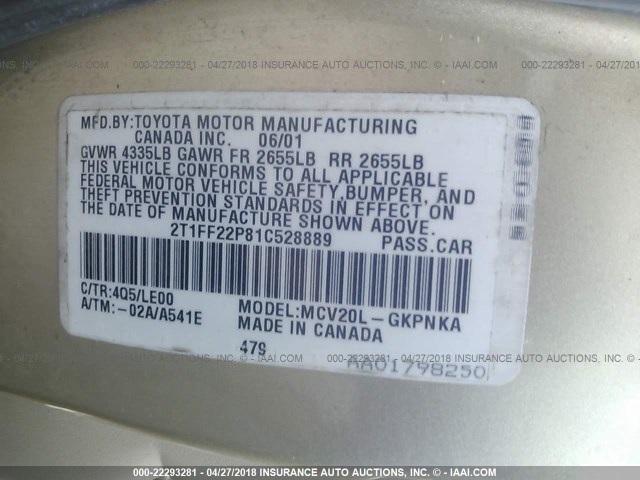 2T1FF22P81C528889 - 2001 TOYOTA CAMRY SOLARA SE/SLE ოქროსფერი ფოტო 9