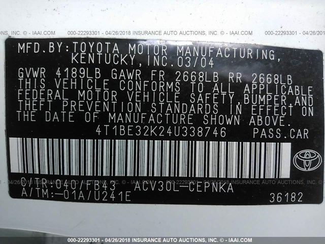 4T1BE32K24U338746 - 2004 TOYOTA CAMRY LE/XLE/SE თეთრი ფოტო 9