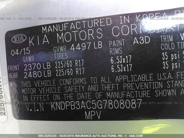 KNDPB3AC5G7808087 - 2016 KIA SPORTAGE LX SILVER photo 9